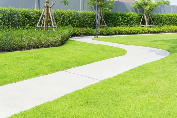Gri eğri desenli yürüyüş yolu, beton kaldırımlarda yıkanan kum, bahçedeki pürüzsüz yeşil çimenler, ağaçlar, çalılar ve arka plandaki gri duvar.