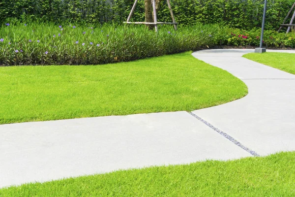 Gri eğri desenli güzel bir bahçede yürüyüş yolu, beton kaldırımlarda yıkanan kum, pürüzsüz yeşil çimenler, ağaçlar, çalılar ve arka plandaki gri duvar.