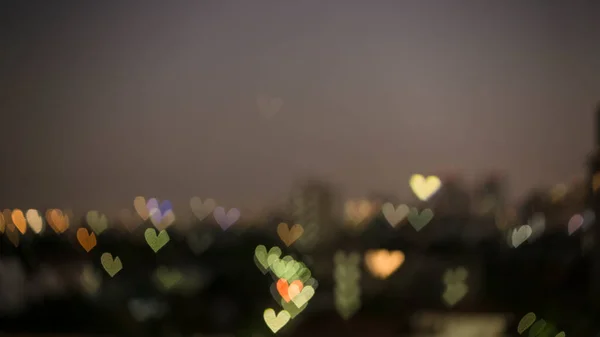 Bokeh Photo Blurred Red Yellow White Hearts Light Shape Shiny — Stock Photo, Image
