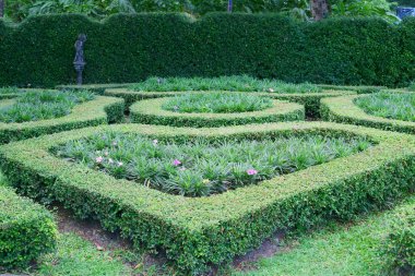 Küçük bir İngiliz kır evi biçimi, sol tarafta bir heykel ve arka planda Fukien çayı kesilmiş bir duvar.