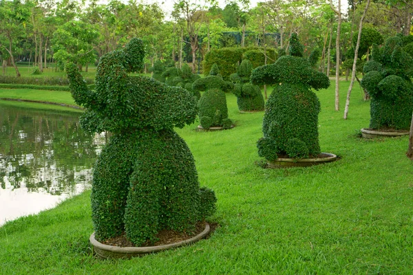 Happy Elephants Kształt Krzewu Stojącego Pobliżu Stawu Parku Drzew Tle — Zdjęcie stockowe