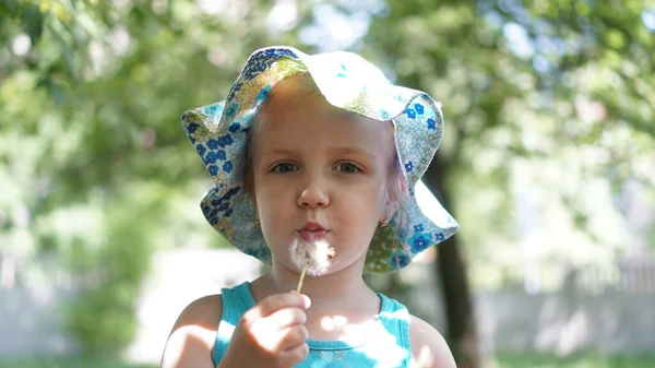 Ritratto di bambina con dente di leone nel parco — Foto Stock