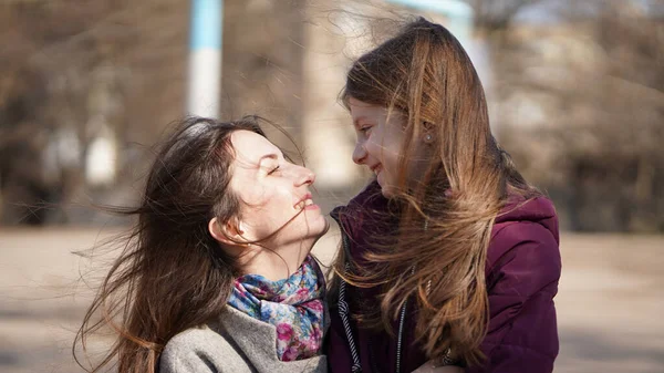 Cute Pretty Daughter Her Beautiful Mom Playground Spring Concept Happy — Stock Photo, Image