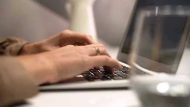 Jolie femme eau potable travaillant sur ordinateur — Video