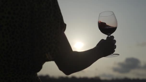 En kvinna håller ett glas rött vin vid solnedgången. Långsamma rörelser — Stockvideo