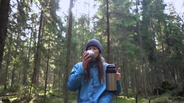 Mulher beber chá quente de garrafa térmica sentado na árvore na floresta. Movimento lento — Vídeo de Stock