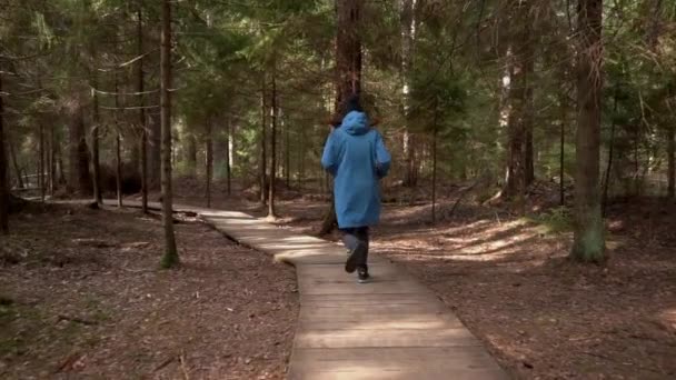 Egy kék esőkabátos nő elmenekül az erdei úton. Kiképzés. Kocogok. Lassított felvétel — Stock videók