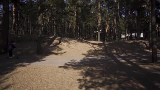 Gelukkig schattig jongetje op een kick scooter in het bos op zonnige Lente dag. Zijaanzicht — Stockvideo