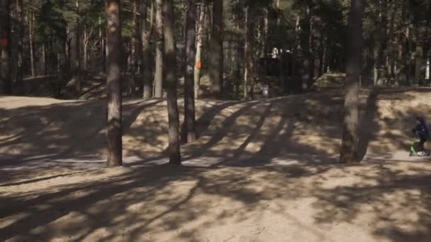 Gelukkig schattig jongetje rijden een kick scooter in het bos op zonnige Lente dag — Stockvideo