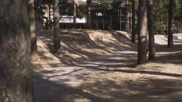 Grappig schattig klein blond jongen paardrijden een kick scooter in het park op zonnige Lente dag — Stockvideo