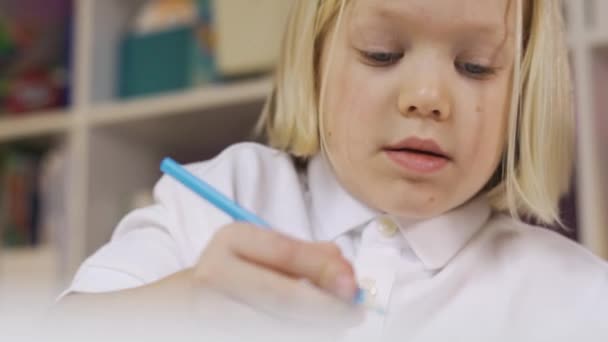 Портрет милого школяра, який з ентузіазмом малює. Дистанційне навчання онлайн-освіти. крупним планом . — стокове відео