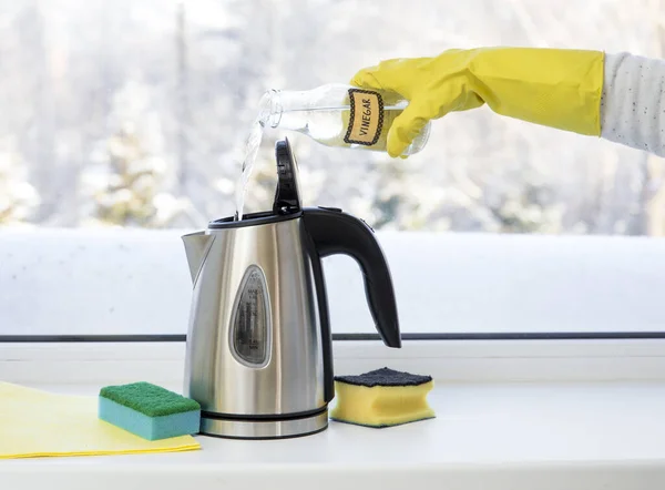 Woman Pouring Natural Destilled Acid White Vinegar Electric Kettle Remove — Stock Photo, Image