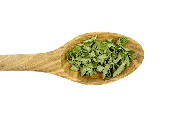 Dried Green Peppermint Mentha Piperita Leaves Wooden Spoon Herbal Tea — Stock Photo, Image