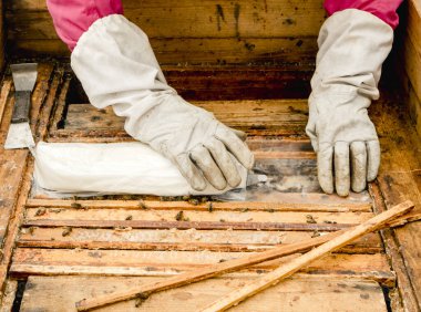 Koruyucu eldivenli arı yetiştiricisi baharda dışarıda bal arılarına yiyecek veriyor. Arıları daha erken bal toplamaya teşvik etmek ve baharın başlarında açlığı önlemek için şeker bazlı ek yem.