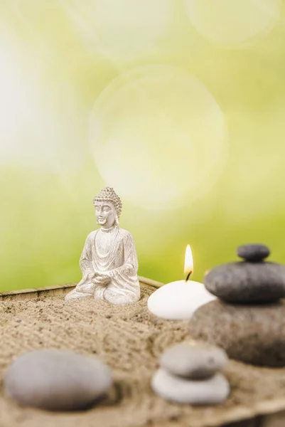 Miniatură Birou Zen Nisip Buddha Figura Sta Poziția Lotus Stivuite — Fotografie, imagine de stoc