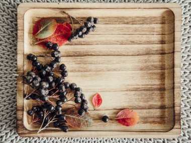 Aronia üzümleri (Aronia prunifolia) aynı zamanda renkli sonbahar yapraklarıyla ahşap tepside boğma böğürtlenleri olarak da bilinir. Metin için boş oda.