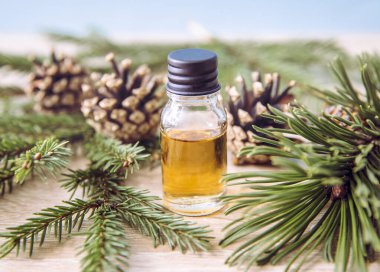 Çam ve köknar ağacı aromalı yağ şişesi. Çam ağacı ve köknar ağacı dalları. Işıklar ahşap arka planda süslemek için. Temel petrol konsepti.