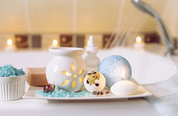 Home Spa Products White Ceramic Tray Bar Soap Bath Bomb — Stock Photo, Image