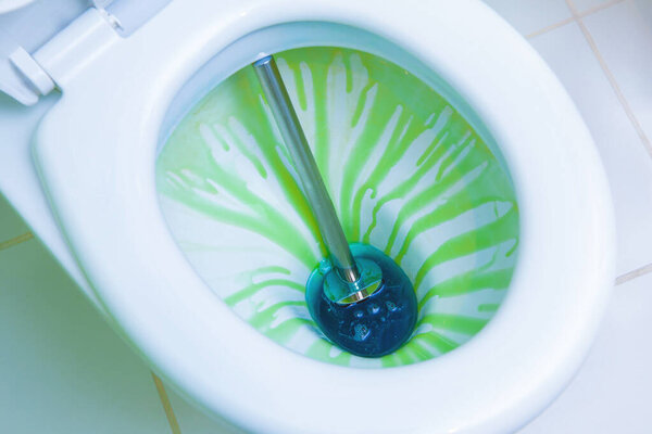 Дезинфекция туалета, используя красочные антибактериальные жидкости и чистящие средства. Закрыть вид
.