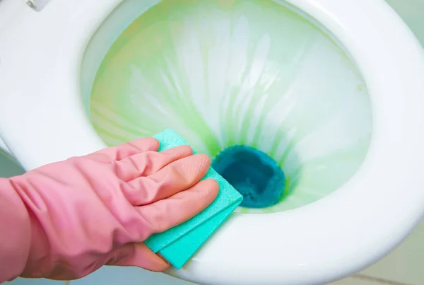 Disinfection Toilet Using Colorful Antibacterial Liquids Cleaning Tools Close View — Stock Photo, Image