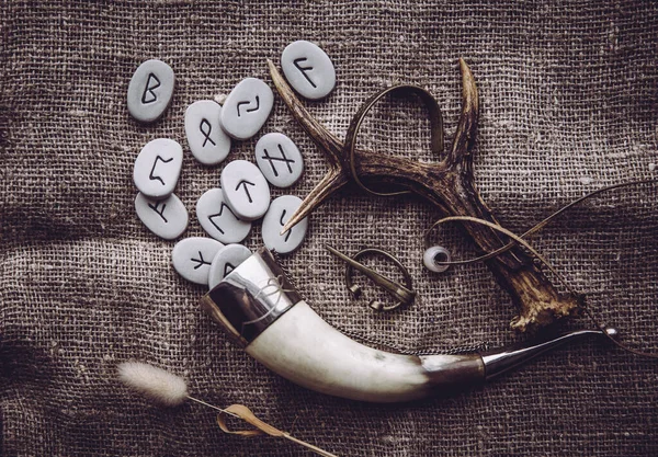 Flat Lay View Rune Stones Various Viking Era Style Objects — Stock Photo, Image