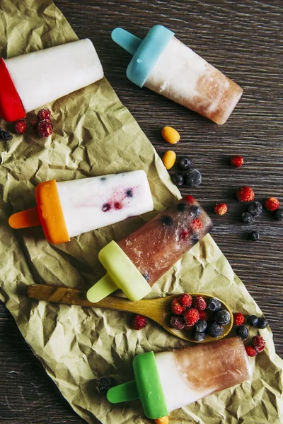 Flat Lay Vista Lote Casa Feita Geladeira Geladeira Congelada Suco — Fotografia de Stock