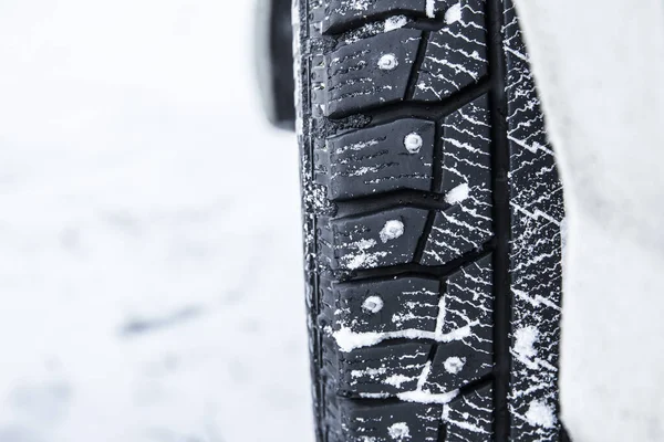 Closeup View Car Tire Metal Studs Pikes Outdoors Snowy Icy — Stock Photo, Image