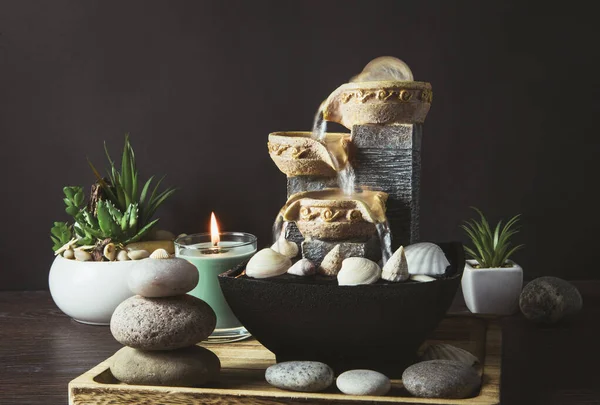 Ev konseptinde Feng Shui için taşınabilir bir çeşme. Taşınabilir küçük masa üstü fıskiyesi. Ruhsal akıl ve ruh dengesi kavramı. Arka planda saksıdaki yeşil bitkiler.