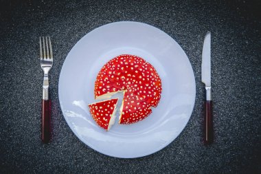 Sinek Amanita Muscaria ya da plaka üzerinde uçan amanita. Halüsinojenik zehirli mantar konsepti yemek.