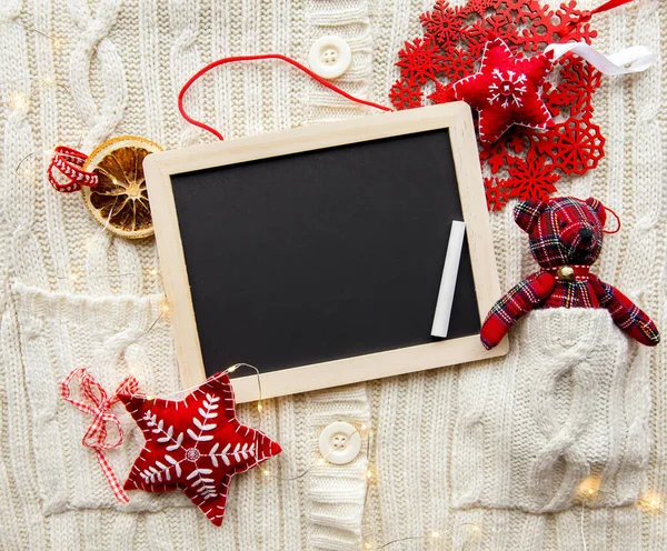 Flat Lay View Empty Black Chalkboard Making Christmas Gifts Wish — Fotografia de Stock