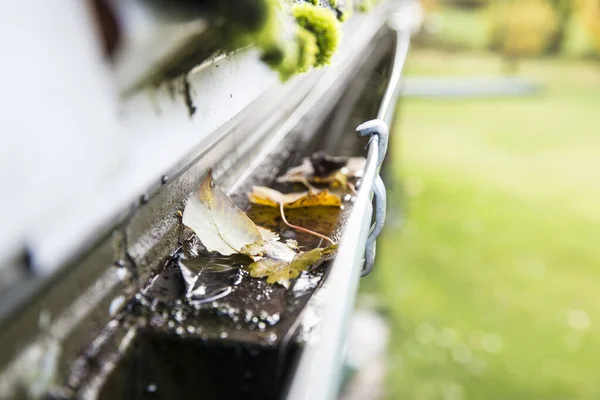 Rainwater Gutter Cleaning Concept Lot Autumn Leaves Metal Gutter — Stock Photo, Image