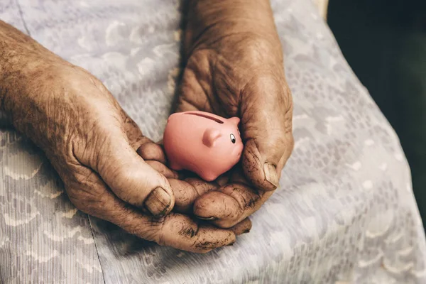 Vista Cerca Viejas Manos Sucias Ancianas Retiradas Ásperas Sosteniendo Diminuta —  Fotos de Stock