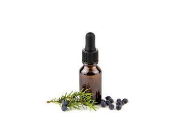 Ardıç ağacı ardıcı latin juniperus comis esans yağı kahverengi damlacık şişesinde, ardıç ağacı dalı daha güvenilir koniler ve böğürtlenler etrafa saçılmış, beyaz üzerine izole edilmiş, bir sürü kopyalama alanı.