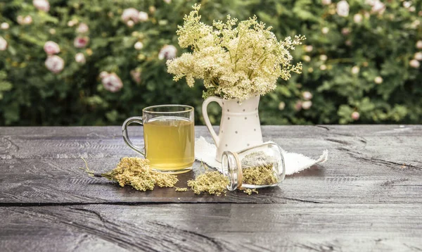 Fresh Meadowsweet Filipendula Ulmaria Flowers Jug Shape Vase Herbal Tea — стоковое фото