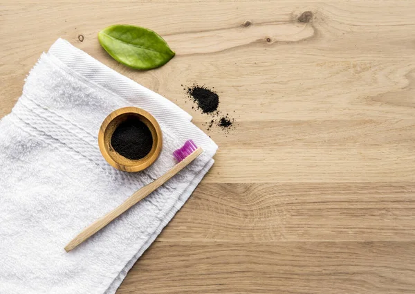 Raw Activated Charcoal Powder Wooden Cup Natural Bamboo Toothbrush Next — Stock Photo, Image