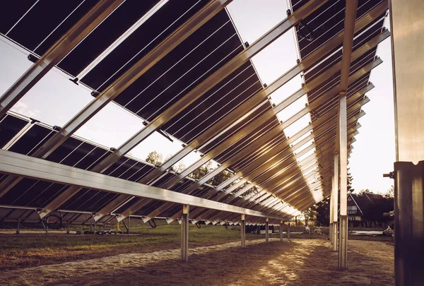 Down top back side view to two-sided solar panels on field, building new 2019 solar electricity producing plant on field in nature, Northern Europe. Beautiful warm evening sun light.