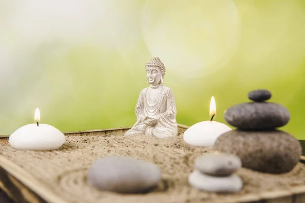 Miniatură Birou Zen Nisip Buddha Figura Sta Poziția Lotus Stivuite — Fotografie, imagine de stoc