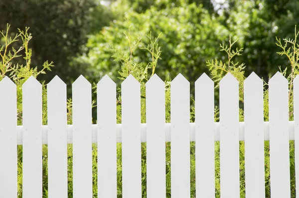 完璧な白いピケットフェンス 緑の庭 背景に木 夢のホームコンセプト — ストック写真