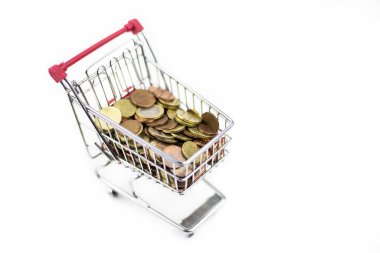 Beyaza izole edilmiş mini bir alışveriş arabasında alışveriş için harcanacak para. Alışveriş çılgınlığına gidiyorum..