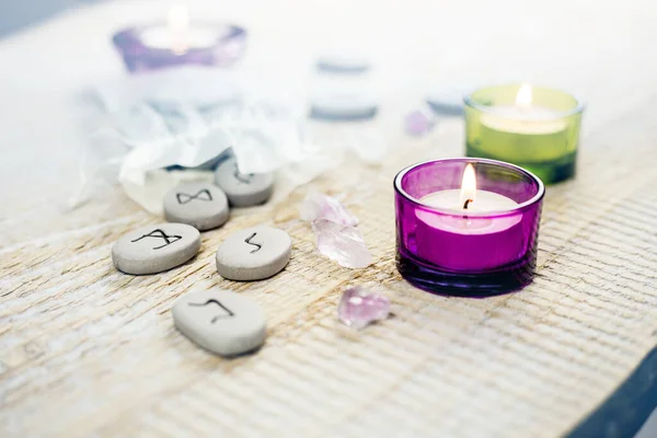 Stone Runes Light Wooden Background Magical Items Concept — Stock Photo, Image