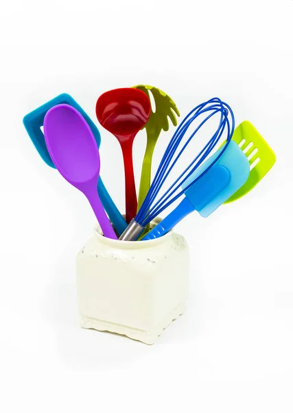 Different Color Kitchen Utensils White Jar Isolated White — Stock Photo, Image