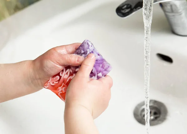 Close Child Washing Hands Colorful Soap Good Hygine Concept — Stock Photo, Image