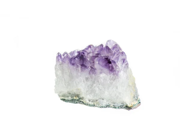 Amethyst crystal cluster side view isolated on white.