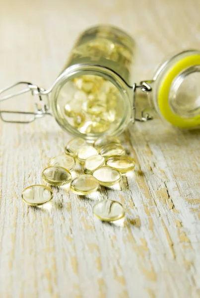 Close Van Mooie Gele Vitamine Capsules Een Glazen Pot Met — Stockfoto