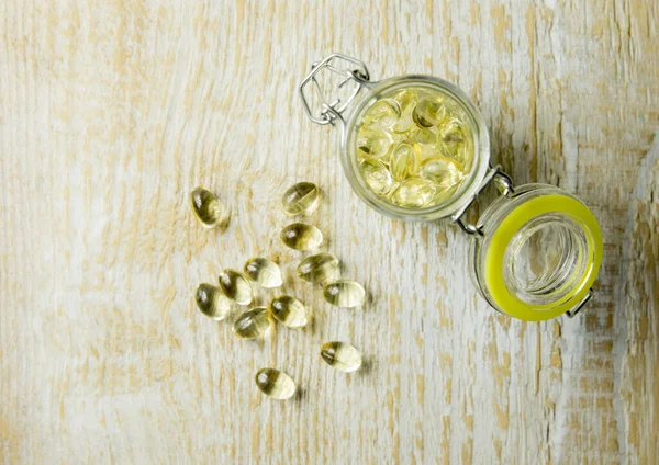 Close Van Mooie Gele Vitamine Capsules Een Glazen Pot Met — Stockfoto