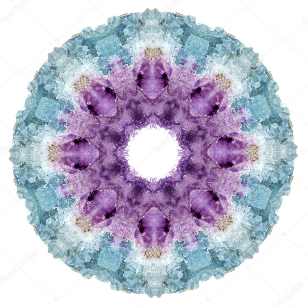 Real Amethyst and Celestite crystal stone cluster has been used to make this spiritual calming mandala. Blue and violet color pattern.