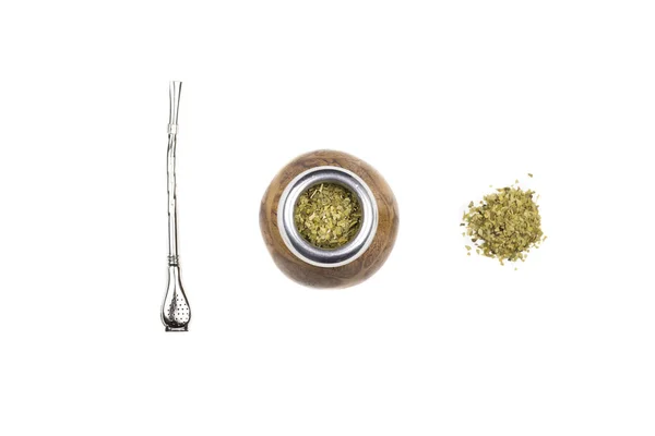 Yerba Mate Thee Kalebas Met Metalen Stro Bombilla Witte Achtergrond — Stockfoto