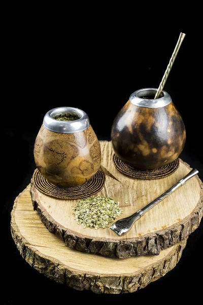 Yerba Mate Tea Black Backround Yerba Mate Tea Calabash Metal — Stock Photo, Image
