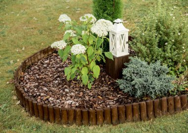Round flower bed covered by pine bark mulch and surrounded by brown weatherproofed wood roll boarder palisade on bed are multiple different plants outdoors in summer, lantern on wooden base. clipart