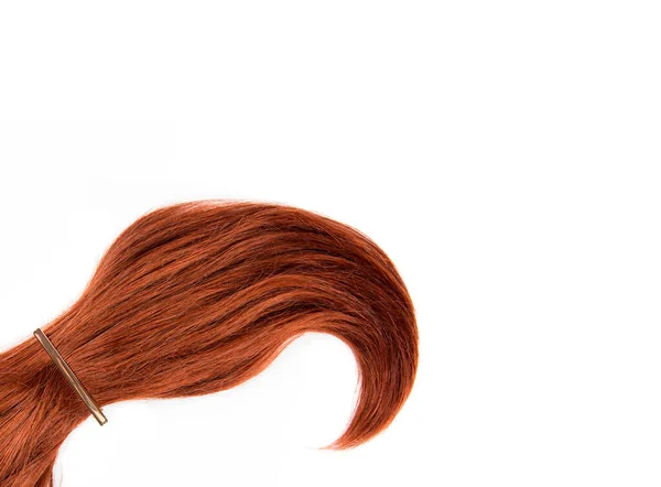 コピースペースと白の背景に隔離された緑豊かなバーガンディ赤髪で作られたシンプルなボリュームカールストランドのきれいなフラットレイアウトスタジオビュー ヘアスタイルプロダクト背景デザイン要素コンセプト — ストック写真